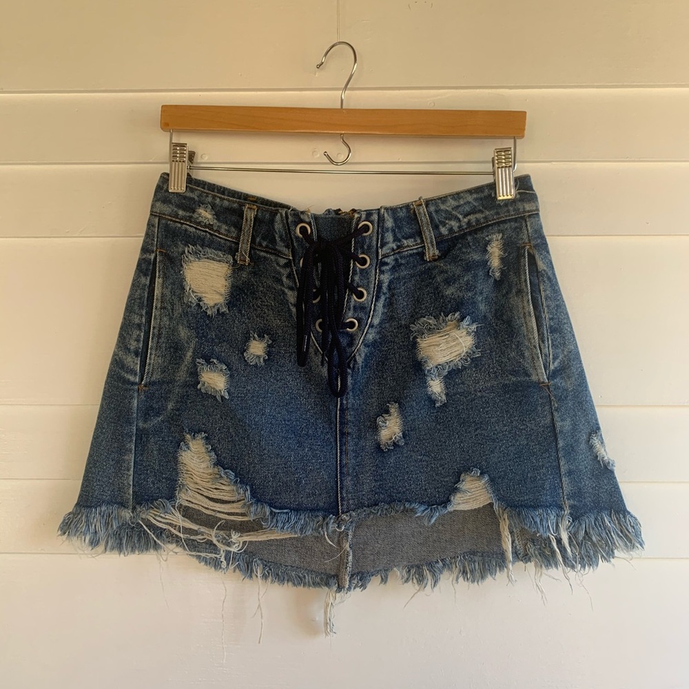 Distressed denim skirt